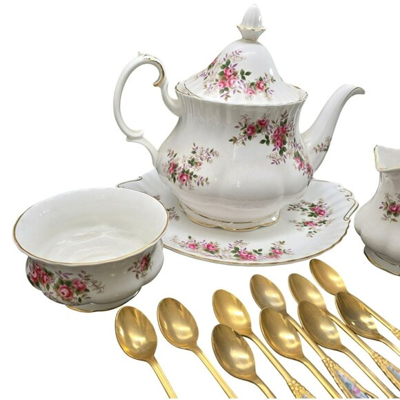 Vintage Royal Albert Tea Set Floral Lavender Rose Gold  Vintage Royal Albert Tea Set Floral Lavender Rose Gold-Plated Spoons VL4021